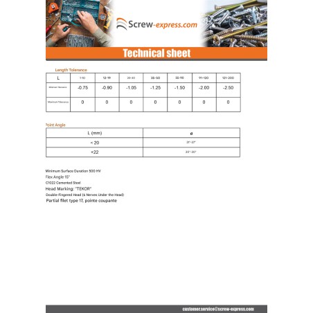 1 x Chipboard Screw Tekor Countersunk Head With Serration 4X20 T20 Zinc Plated Full Thread cut Type 17 Drilling Point