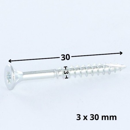 1 x Chipboard Screw Tekor Countersunk Head With Serration 3x30 T10 Zinc Plated Full Thread cut Type 17 Drilling Point