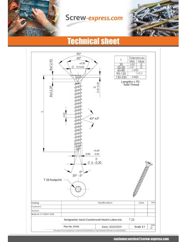 1 x Chipboard Screw Countersunk Head T25 6X80...