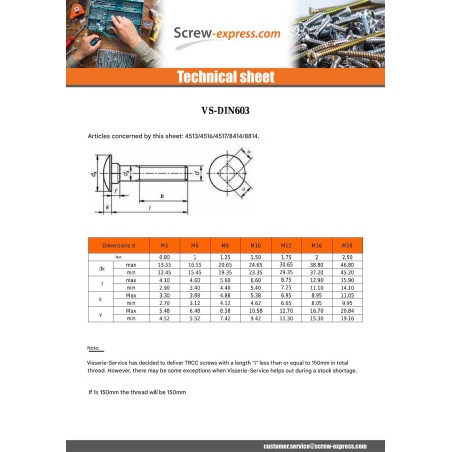 1 x Carriage Bolt Stainless Steel A2 M6X16 Full Thread