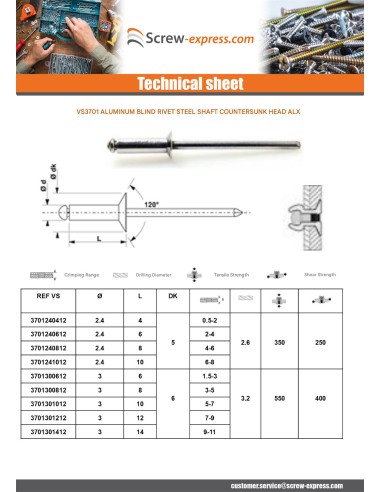 1 x Blind rivets Aluminium Stahlgewinde 4X12...