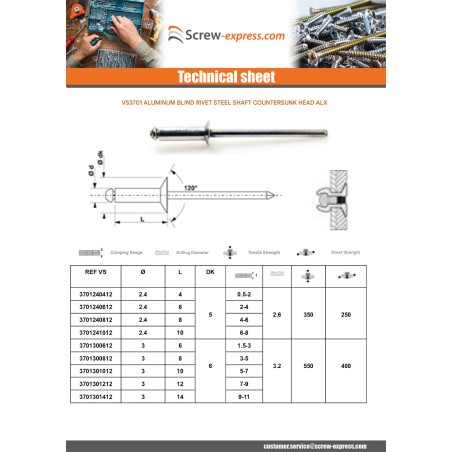 1 x Blind rivets Aluminium Stahlgewinde 3.2X6 Thickness Of Panel 1 to 3 Countersunk Head ALX
