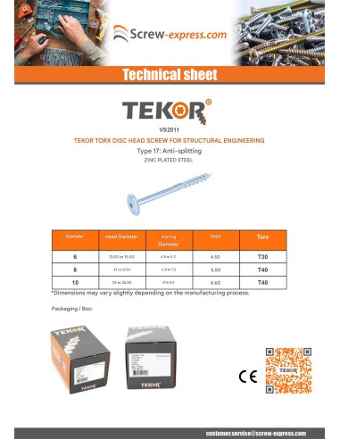 1 x Chipboard Screw Tekor Disc Head Screw T30...