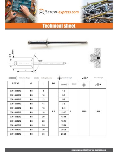 1 x Blind rivets Aluminium Stahlgewinde 3.2X8...