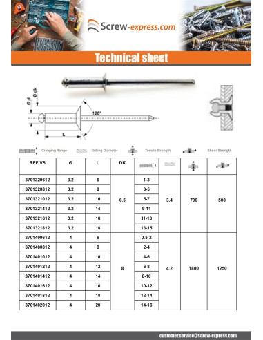 1 x Blind rivets Aluminium Stahlgewinde 3X12...