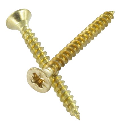 1 x Chipboard Screw Countersunk Head Pozi PZ2 3.5X30 Full Thread Brass Plated Steel