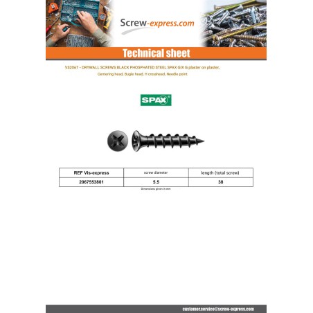 1 x Drywall Screw Spax Phillips 2 5.5X38 Phosphated Plain GIX-G