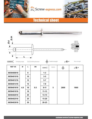 1 x Rivet Blind MINOX 4.8X25 Thickness Of Panel...
