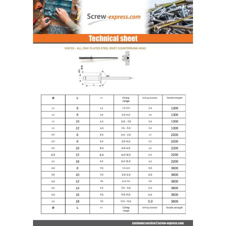 1 x Rivet Steel/ steel ZING 3X8 Thickness Of Panel 3 to 5 Countersunk Head