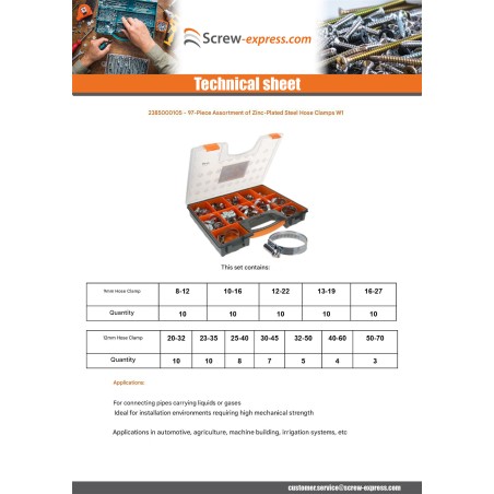 1 x Set of 97 Hose clamp Of Tightening Plain W1Zinc Plated