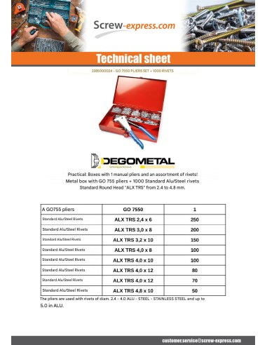 1 x Set of Pliers GO7550 + 1000 Rivet DEGOMETAL