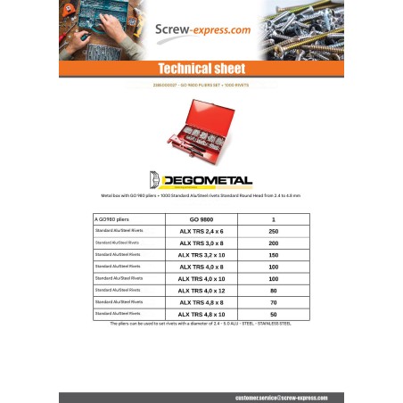 1 x Set of Pliers GO9800 + 1000 Rivet DEGOMETAL