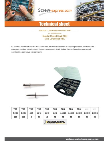 1 x Set of 500 Rivet GORIVET Stainless Steel A2...