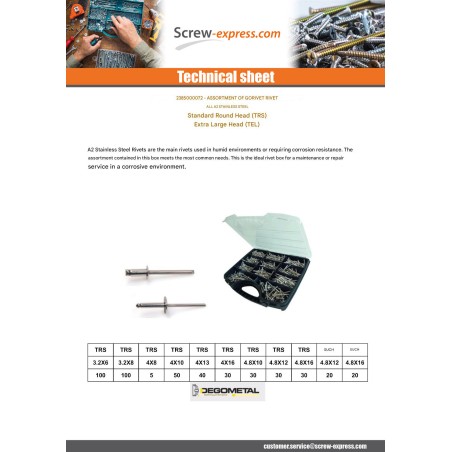1 x Set of 500 Rivet GORIVET Stainless Steel A2 DEGOMETAL