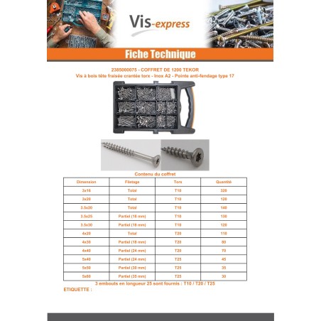 1 x Set of 1200 Chipboard Screw Tekor Countersunk Head With Serration Torx Stainless Steel A2