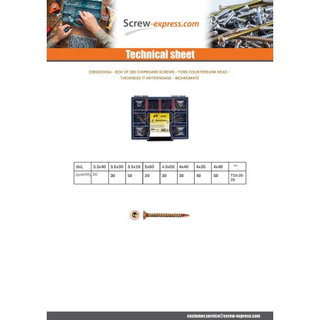 1 x Set of 280 Chipboard Screw Countersunk Head Torx cut Type 17 Drilling Point Yellow Zinc