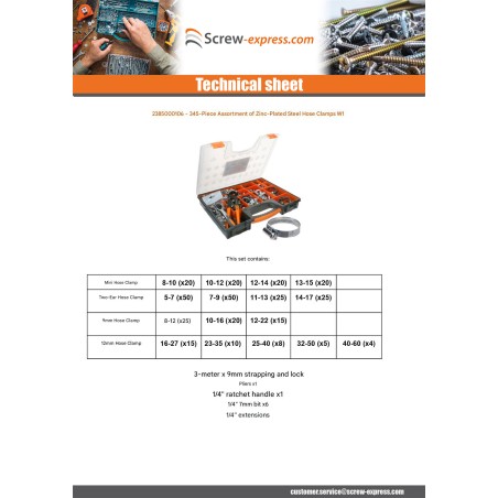 1 x Set of 345 Hose clamp Of Tightening Plain W1Zinc Plated