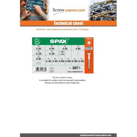 1 x Set of 364 Wood Screw Countersunk Head T-STAR Wirox + 3 Bit