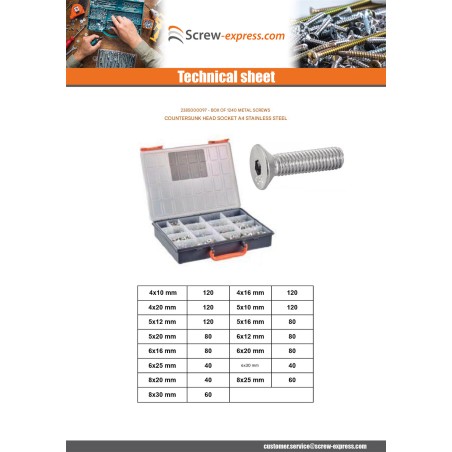 1 x Set of 1240 Machine Screw Flat Head Hexagon Recess Stainless Steel A4