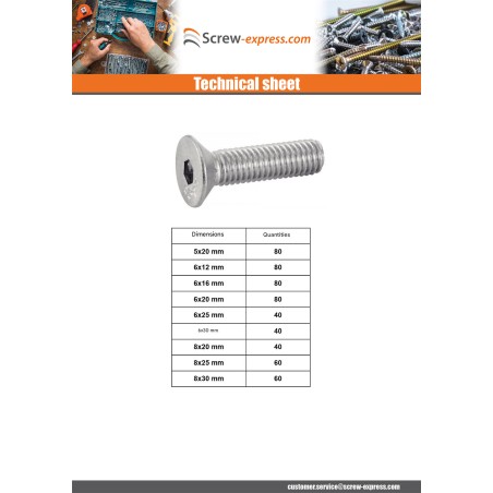 1 x Set of 1240 Machine Screw Flat Head Hexagon Recess Stainless Steel A4