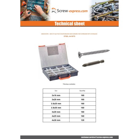 1 x Set of 1664 Chipboard Screw Countersunk Head Pozi + Bit Stainless Steel A4