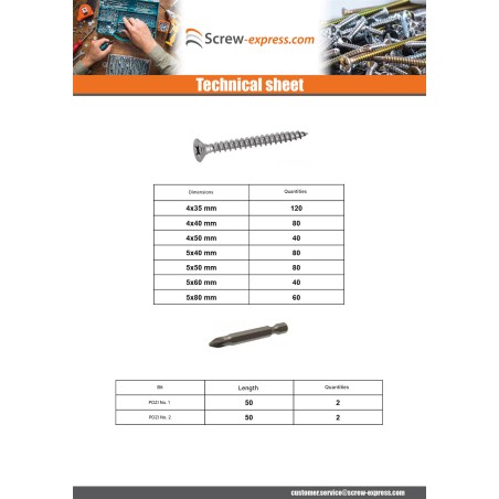 1 x Set of 1664 Chipboard Screw Countersunk Head Pozi + Bit Stainless Steel A4
