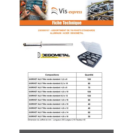 1 x Set of 700 Rivet GORIVET ALX Aluminum Steel Rod DEGOMETAL