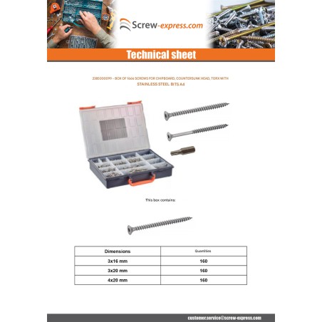 1 x Set of 1666 Chipboard Screw Countersunk Head TX + Bit Stainless Steel A4