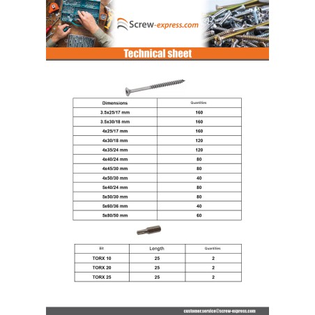 1 x Set of 1666 Chipboard Screw Countersunk Head TX + Bit Stainless Steel A4