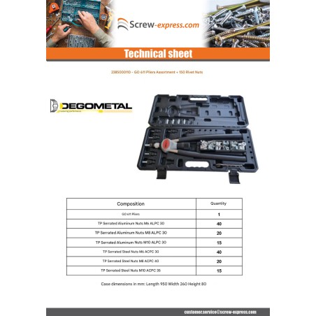 1 x Set of Pliers GO611 + 150 Rivet Nuts DEGOMETAL