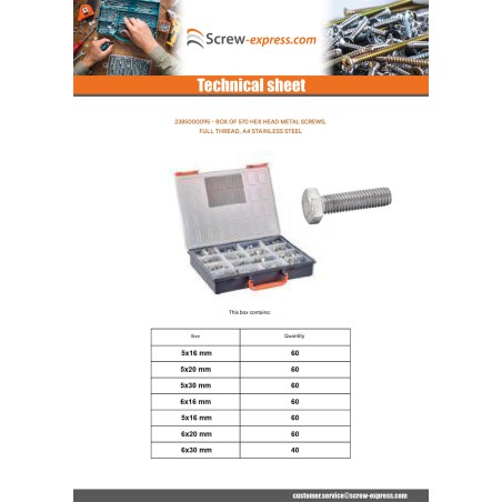 1 x Set of 570 Machine Screw Hexagonal Head Full Thread Stainless Steel A4