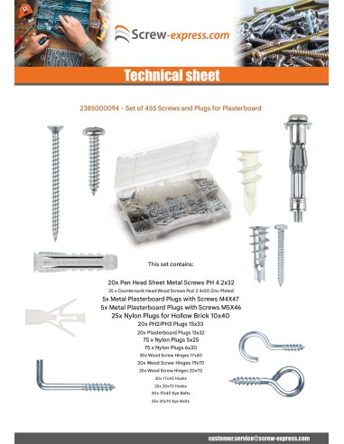 1 x Set of 455 Screw And Plug plasterboard
