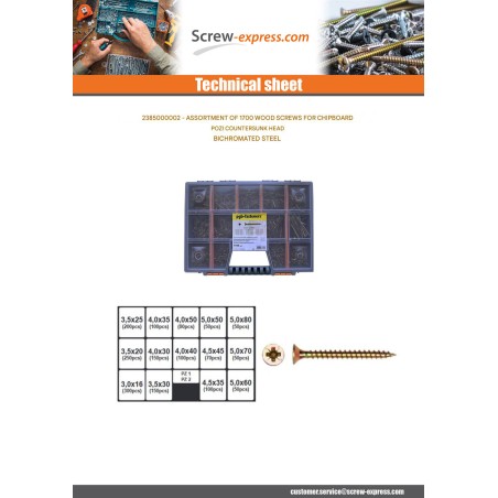 1 x Set of 1700 Chipboard Screw Countersunk Head Pozi Yellow Zinc Bit