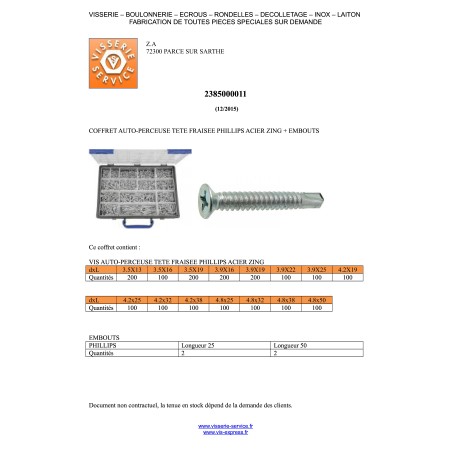 1 x Set of 1904 Self Drilling Countersunk Head Phillips Zinc Plated Bit