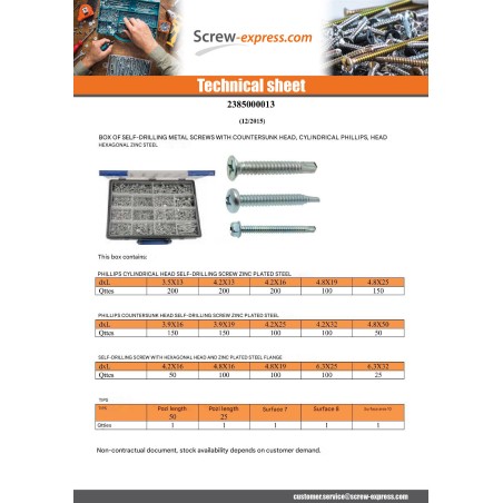 1 x Set of 1775 Self Drilling Countersunk Head / Pan Head Phillips / Hexagonal Head Zinc Plated