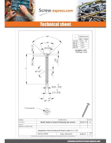 1 x Chipboard Screw Countersunk Head T20 4X20...