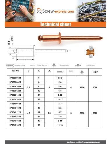 1 x Rivet TRS copper steel rod 3.8X14
