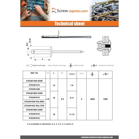 1 x Blind rivets Aluminium Stahlgewinde 4.8X35 Thickness Of Panel 25 to 30 Flat Head White
