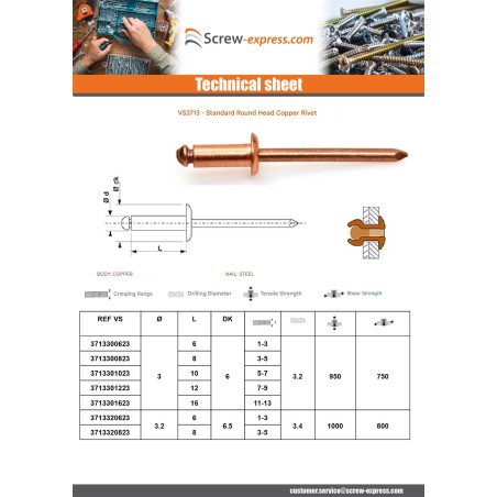 1 x Rivet Standard round head copper steel rod 4.8X16 Thickness Of Panel 9 to 11
