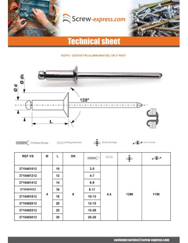 1 x Peel Rivet GOSTAR Aluminum Steel Rod TRS 4X30