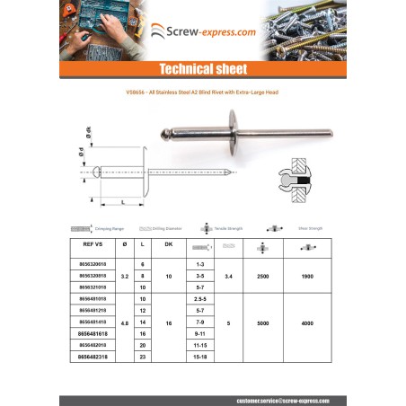 1 x Blind Rivet All Stainless Steel Extra Large Head 3.2X8 Thickness Of Panel 3 to 5
