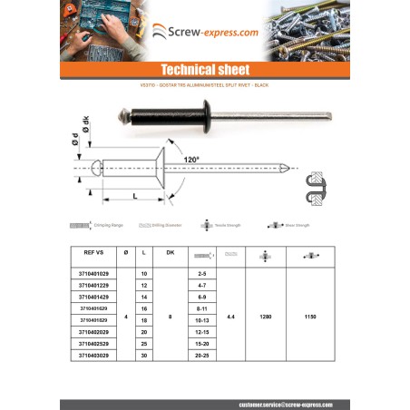 1 x Peel Rivet GOSTAR Aluminum Steel Rod TRS 4X30 Black