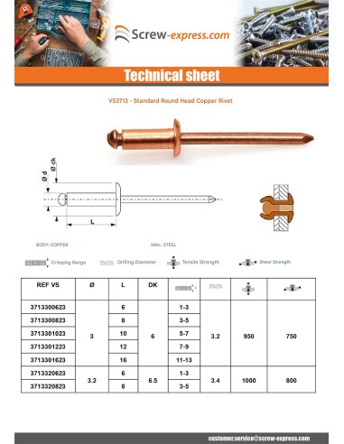 1 x Rivet TRS copper steel rod 4.8X10