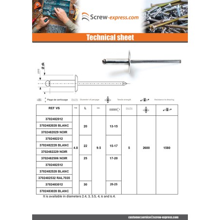 1 x Blind rivets Aluminium Stahlgewinde 4.8X65 Thickness Of Panel 55 to 60 Flat Head
