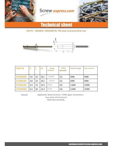 1 x Rivet Blind HIGHBOLT Trs Degometal Steel...
