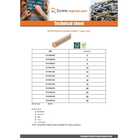 1 x Smooth wooden dowel Diameter 8 Length 1 Meter