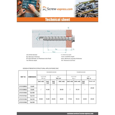 1 x Screw For Concrete Hexagonal Head Flange T18 12X150 Zinc Plated