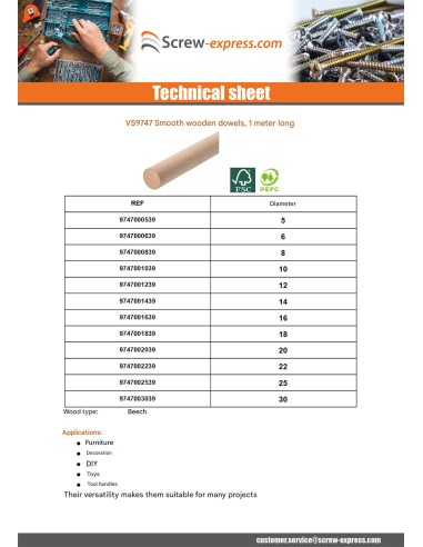 1 x Smooth wooden dowel Diameter 30 Length 1 Meter