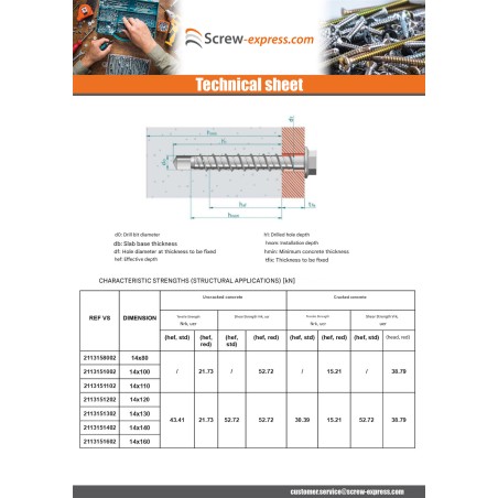 1 x Screw For Concrete Hexagonal Head Flange T21 14X130 Zinc Plated