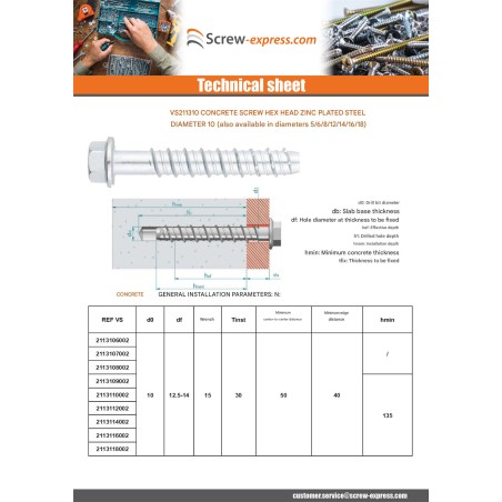 1 x Screw For Concrete Hexagonal Head Flange T15 10X90 Zinc Plated